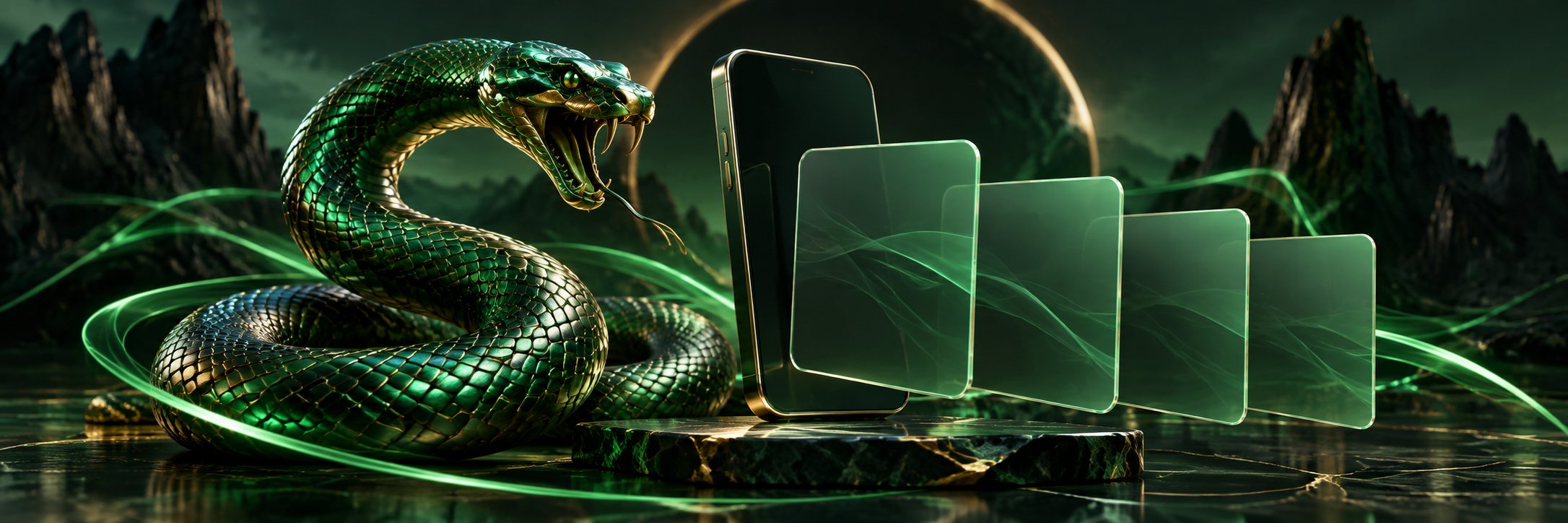 Emerald viper beside a smartphone silhouette and blank glass cards